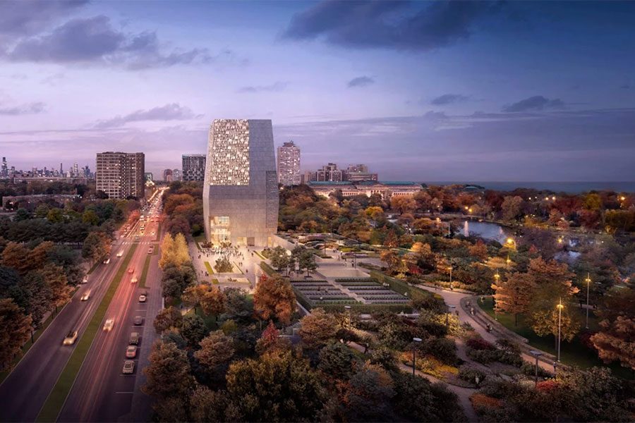 LOOKING FORWARD. An artist’s rendering of the view north along Stony Island Avenue, which the Obama Foundation hopes to realize in 2021 when the Obama library is set to finish construction.