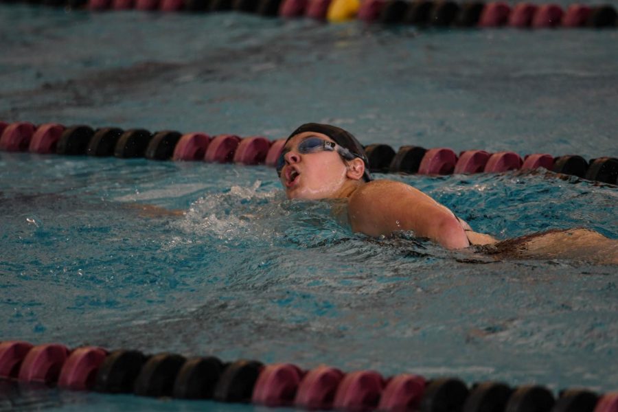 Junior Jayne Crouthamel swims during earlier October 5 meet, a dive to save lives fundraiser. Jayne qualified for State in the Athletes with Disabilities 50 and 100 Yard Freestyle events.