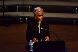 Journalist Dorothy Butler Gilliam speaks at the Martin Luther King Jr. Day Assembly in Gordon Parks Arts Hall. Ms. Gilliam 