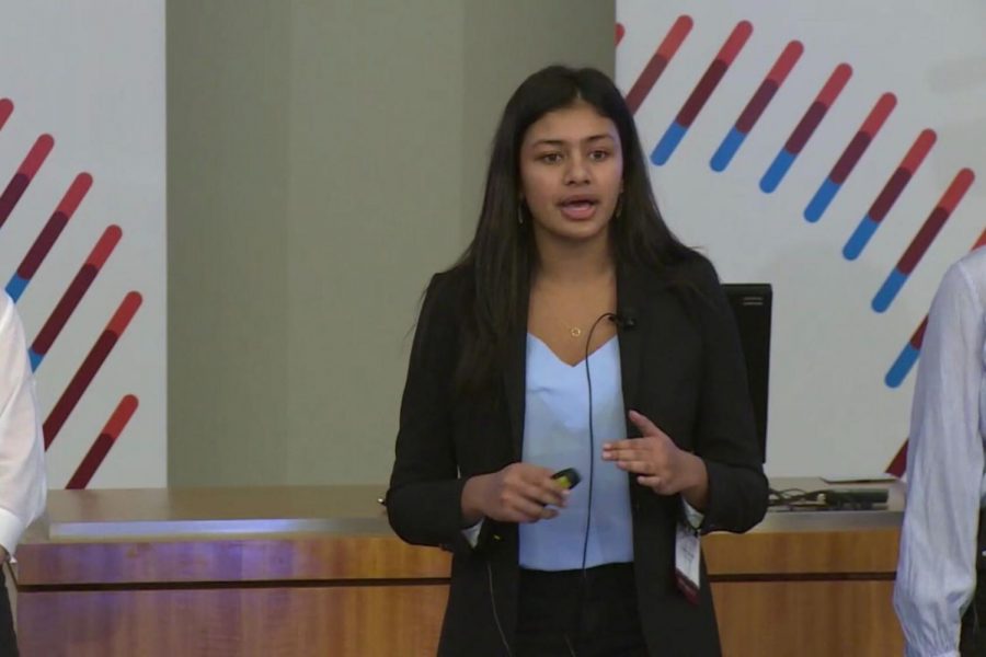 In this screenshot from the event live stream on the afternoon of March 11, Ananya Asthana pitches her organization, Women in STEM, to a board of judges for the College New Venture Challenge. The event was live streamed because the University of Chicago had limited the size of gatherings due to concerns over spreading COVID-19.