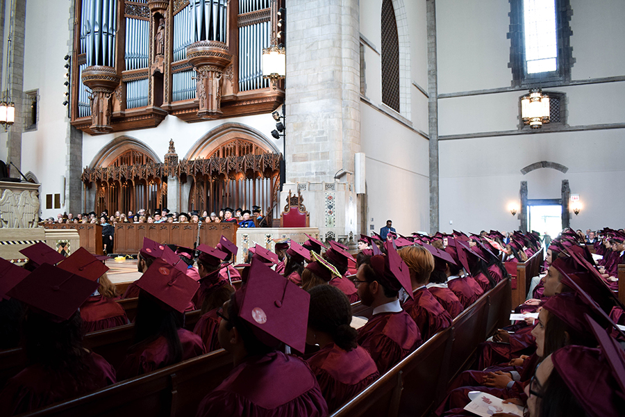 Class of 2019 sits in the University of Chicagos Rockefeller chapel. during their graduation ceremony. Unlike in 2019, there wont be a U-High graduation ceremony at the chapel this year.