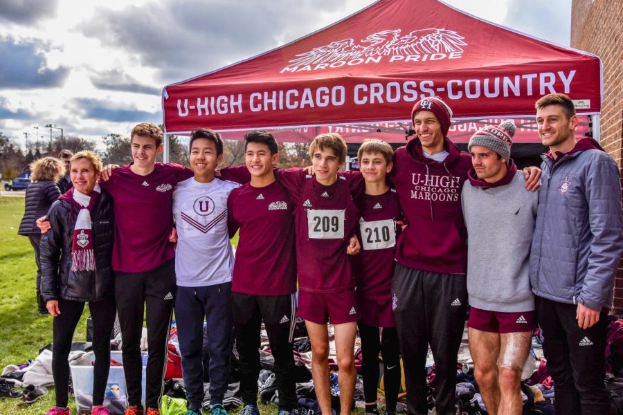 U-High Coach Deborah Ribbens (far left) takes a group photo with her boys cross country team during the 2019 season. Ribbens is retiring from coaching after 18 years.