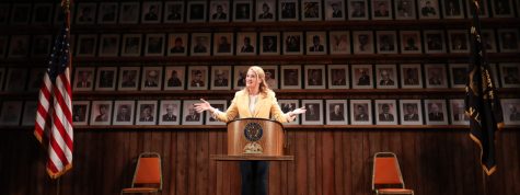 Photo by Joan Marcus.
Heidi Schreck speaks to the audience during a 2019 performance of You Be My Ally at The Hayes Theater on Broadway.