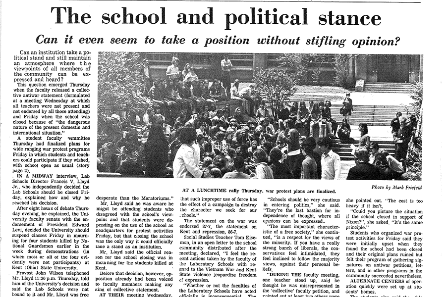 In a Midway article from May 1970, published in the midst of the Vietnam War, U-High students protested at a lunchtime rally. The Class of 1970 have stayed incredibly close due to their shared memories of the war. 