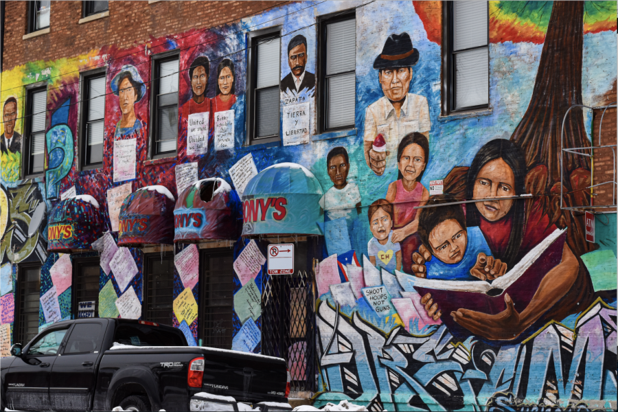 Street art covers the wall of a building in Pilsen, one of Chicagos primarily LatinX neighborhoods. 
