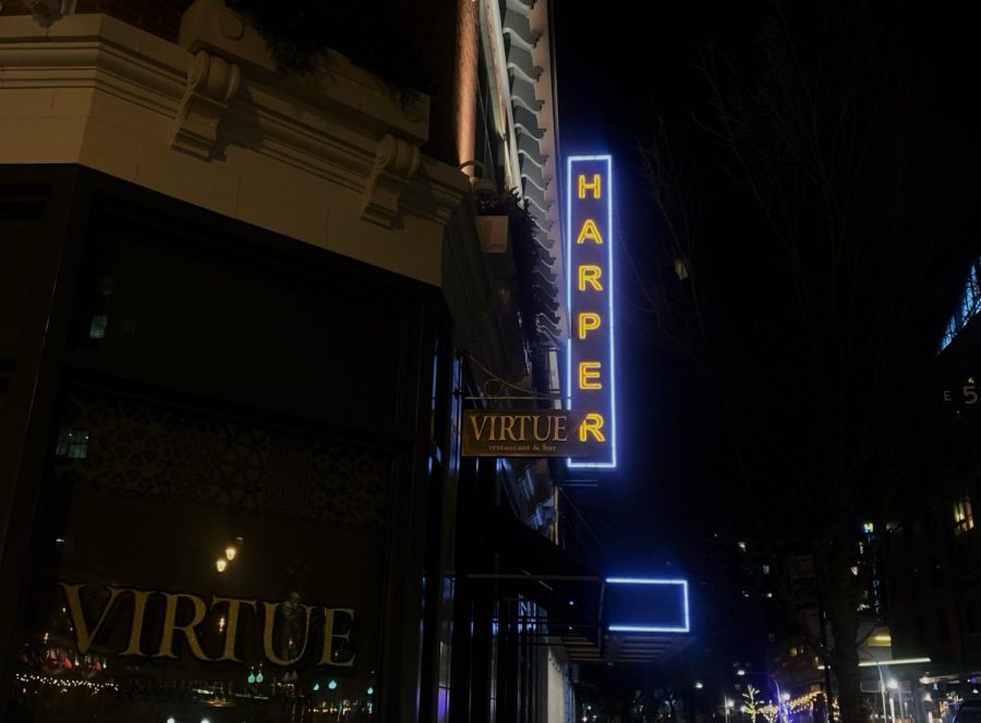 The Harper Theater sign hovers over 52nd Harper Avenue in Hyde Park.