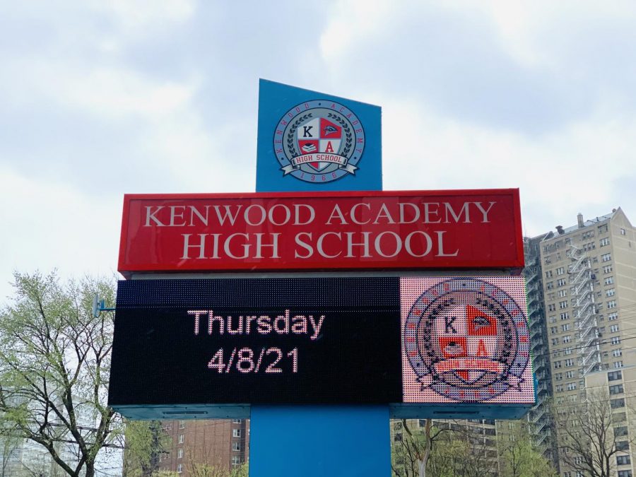 Kenwood Academy sign stands on the east side of campus, facing the school entrance. 