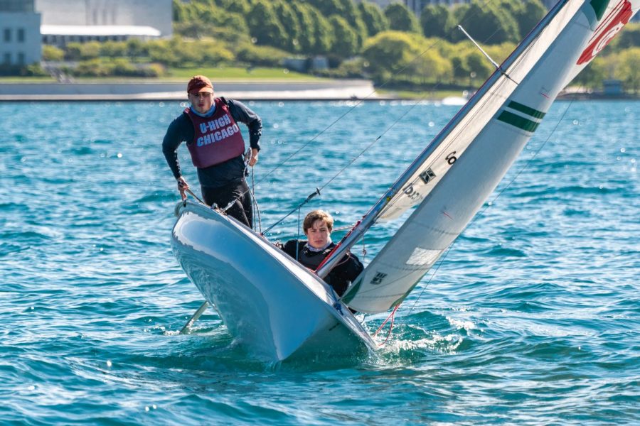 Juniors Benny Wild and Adler Wright sail on Lake Michigan on May 13 in preparation for their next regatta. The sailing team will compete May 15 in Cleveland to qualify for nationals. 