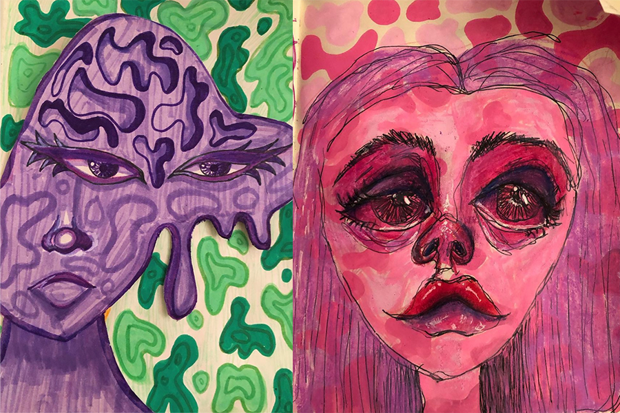 Shown are two of Emmanuelle Bals artworks, as seen on her Instagram art account @optic.arts. She uses  media such as markers, acrylic paint, watercolors, and charcoal to convey her emotions. 