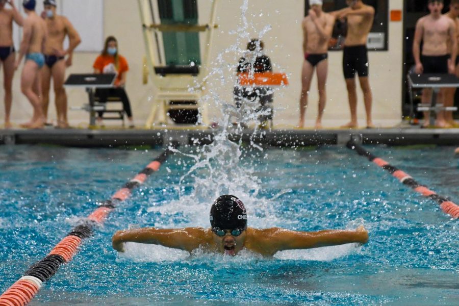 During the Lincoln Way West Pentathlon on Dec. 3, sophomore David Ren swims butterfly. Seven U-High boys competed in every event and took home the first place plaque. 