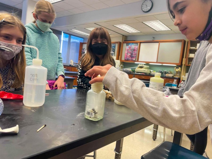 Lower school students Olivia Sanders, Abbie Ott, Lola McInerney and Gabriela Lastra conduct an experiment designed by members of WiSTEM on Oct 13. 