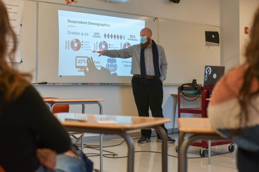 Counselor Michael Bruner points to survey results during the health and wellness assembly held Dec. 9. While several data points were similar to 2020, the results revealed an increase in girls feeling “really ugly” and a decrease in students seeking counselors. 