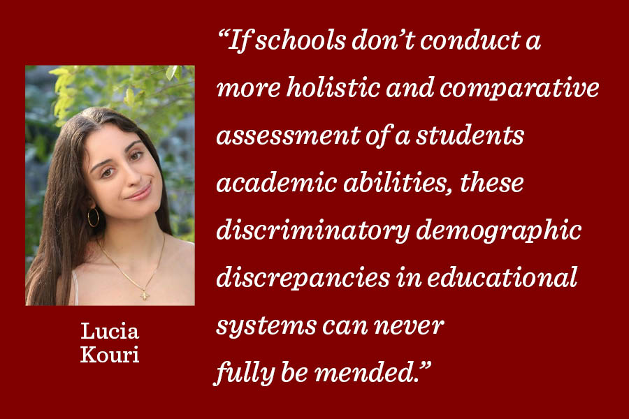 Editor-in-Chief Lucia Kouri argues that research proves standardized testing scores must be considered against socioeconomic background for college admissions to be fair.