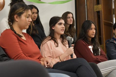 From left to right, juniors Sarah Abdelsalam, Noori Zaki, Samara Arain, Myra Malkić and Zaria Ahsan speak at a panel during the Muslim Students Associations Ramadan Ramp Up event April 7.