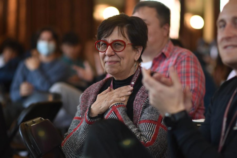 Latin teacher Frances Spaltro receives applause at the Unsung Heroes brunch in Ida Noyes Hall on April 21.