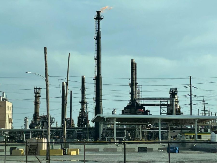 A British Petroleum refinery in Whiting, Indiana, flares off gas to make it less explosive and more safe, releasing millions of tons of carbon every year. Refineries are a large contributor to the climate crisis.