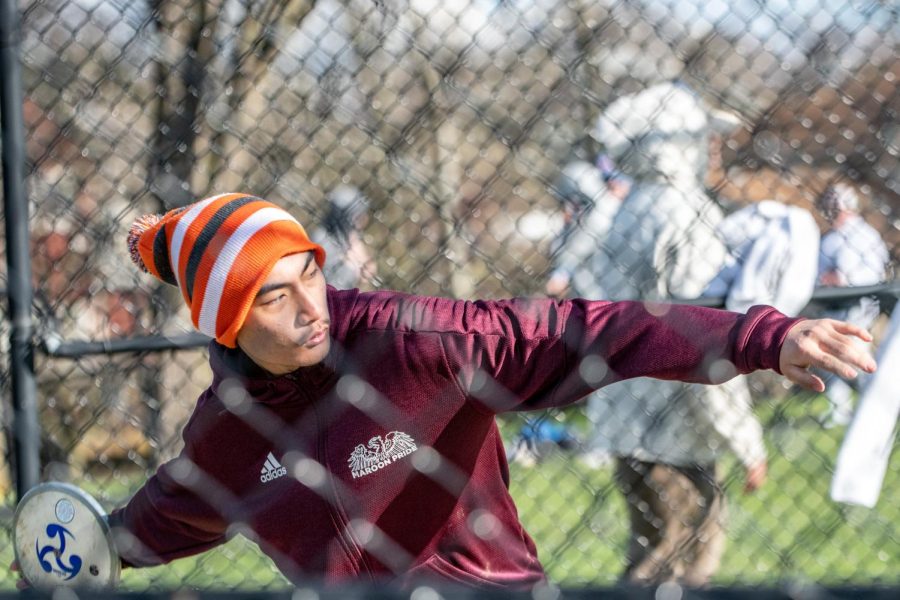 At practice April 20, sophomore Jace Chen prepares to throw a discus.
