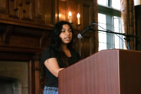 Asian Students Association President Zara Baig speaks to parents and faculty in a commencement ceremony May 11 about the creation of the Asian Culture Fund. She reiterated her excitement for the increased possibilities the fund offers to increase awareness of Asian culture at Lab. 