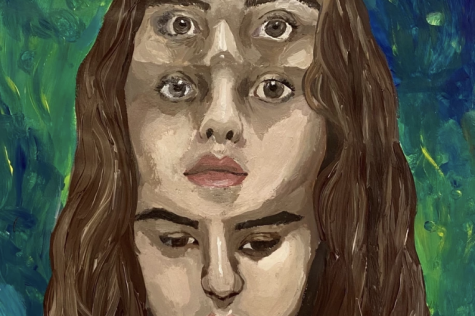 a painting by Izabella M. from Kentucky shows a portrait of three faced-girl. The emotions and technique is intriguing and shows someone hiding their true self.