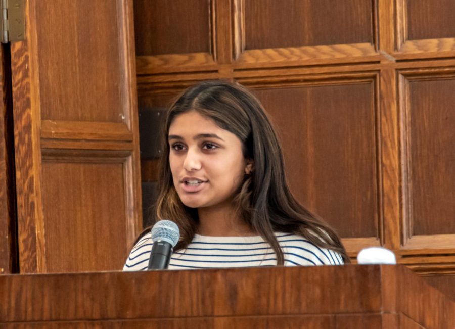 Newly elected ninth grade class president Sahana Agarwal addresses her classmates during student council election speeches on Oct. 6. 