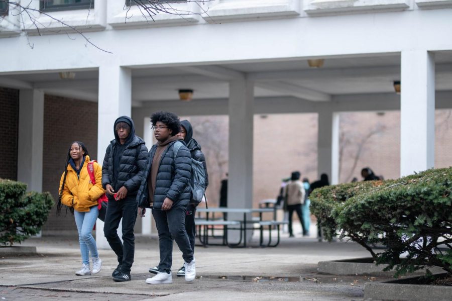 Students walk on the campus of Kenwood Academy, one of the schools that participated in the Chicago mayoral survey organized by the Scholastic Press Association of Chicago and Northwestern Universitys Medill School of Journalism. 