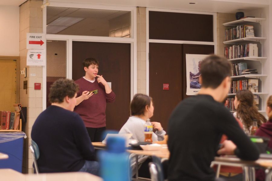 Jewish Students Association co-president Charlie Benton speaks at a JSA meeting. The affinity group is planning a Holocaust Remembrance assembly that includes student- and faculty-run workshops.