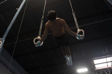 TUMBLING TWINS: High up on the rings, senior Akshay Puri engages in a difficult routine at gymnastics practice. He and his twin brother, Kavan Puri, are accomplished student  athletes who find strength in family.
