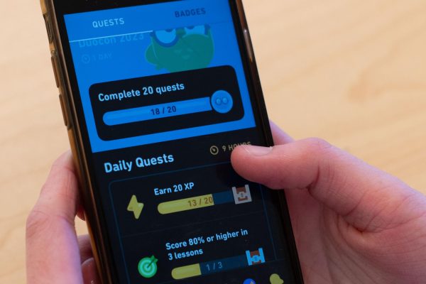 A student plays a game on DuoLingo, a language learning application. However, its gamification has U-High students questioning whether the app is helping them learn a language or if it’s really just a game. 