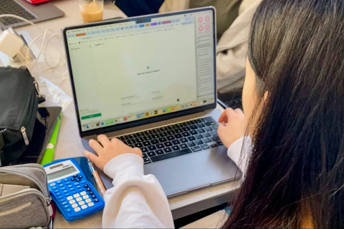 HEY CHAT. Ninth grader Jianna Hong uses Chat GPT during a study break on April 16, asking questions like “How are you?” She is curious about AI and enjoys using it for fun. “I really like exploring the uses of this new AI,” Jianna said.