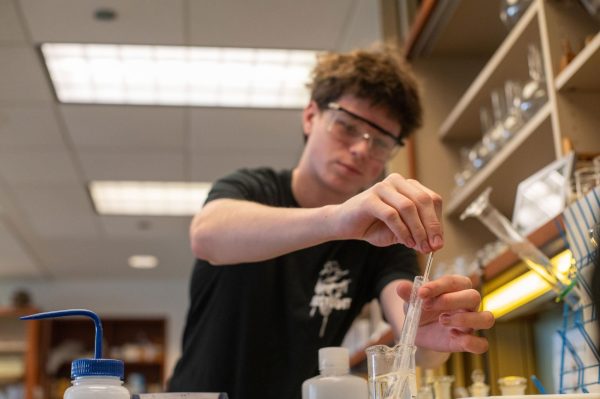 During a lab period, junior Xander Maxcy works on an AT Chemistry lab activity A Student Council survey found that most respondents prefer lab periods for science classes.
