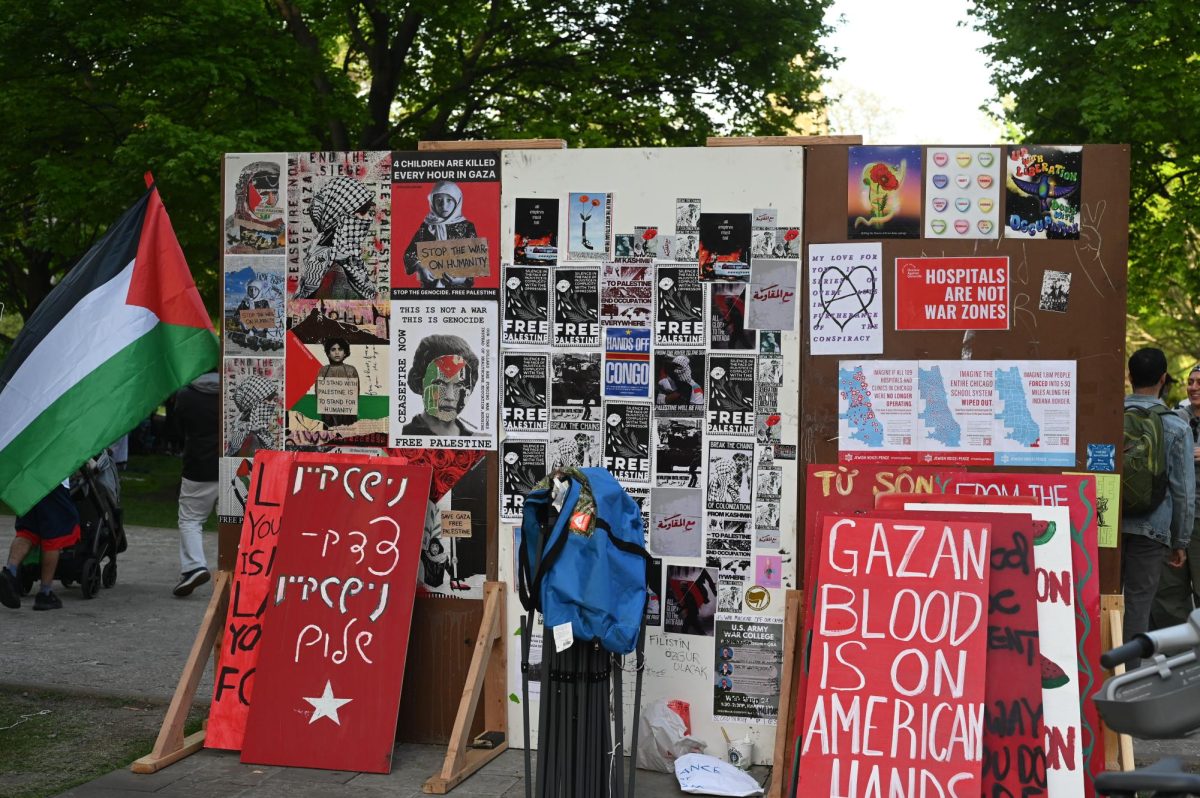 Since the Israeli invasion of Gaza, pro-Palestinian activists have set up multiple large-scale art displays on campus. The installations in the encampment feature posters advocating for peace in Gaza, as well in Congo and Sudan.