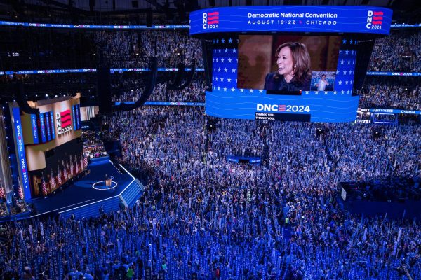 Kamala Harris addresses the crowd saying, “Thank you, thank you” as chanting continues.
