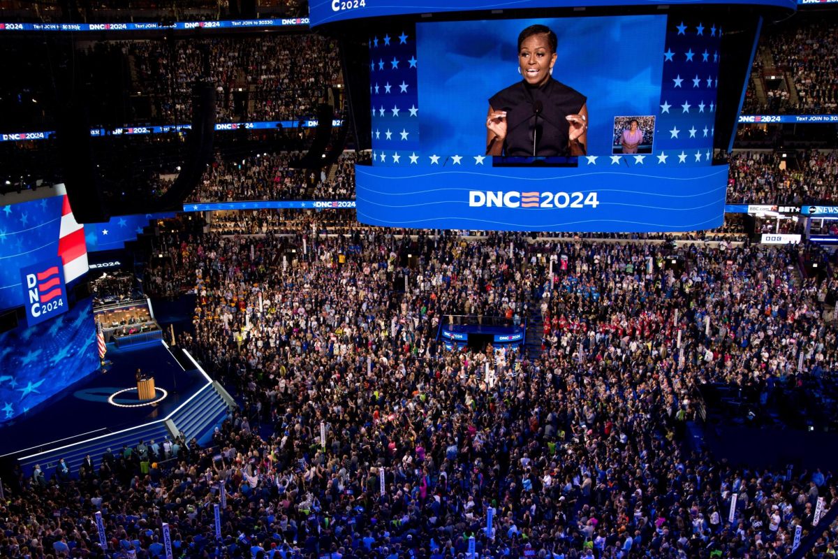 To a raucous crowd in the United Center Aug. 20, former first lady Michele Obama — a former Lab parent and board member — endorses Kamala Harris while drawing contrast to messages from Republican presidential candidate Donald Trump. Referencing a comment Mr. Trump made to Black journalists last month about immigrants taking “Black jobs,” she said, “Who’s going to tell him that the job he’s currently seeking might just be one of those ‘Black jobs?’”