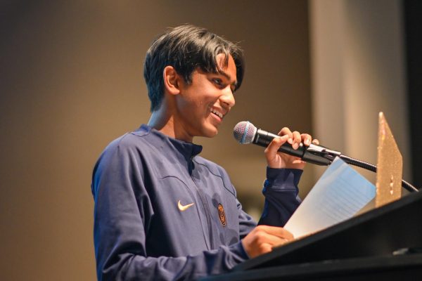 Aditya Shukla addresses the Class of 2028 during his Oct. 10 election speech in the Griffin Auditorium. Aditya was elected class president for 2024-25 Oct. 11.