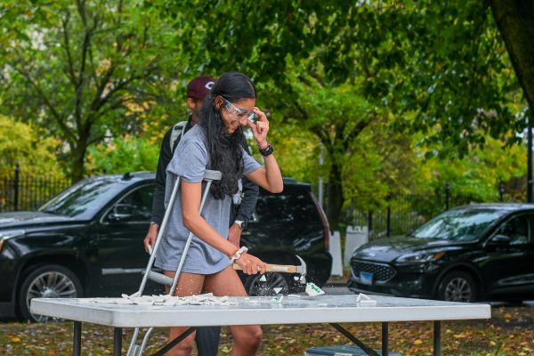 Sophomore Taara Sajdeh breaks a tile containing her previous personal record during the cross country team's tile smashing celebration.