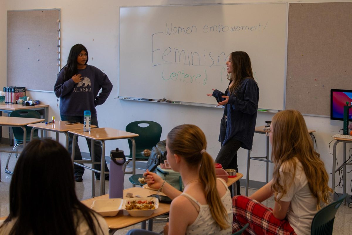 Women in Leadership club co-presidents Saanika Dutta and Illana Schopin lead a meeting. Women in Leadership is one of two new clubs in the high school dedicated to supporting marginalized students in academic fields. 