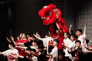 Students from the art troupe of RDFZ, the high school affiliated with Renmin University of China, perform with a traditional dragon decoration. Lab’s Chinese Families and Friends Affinity Group hosted a Lunar New Year celebration on Sunday, Feb. 2, from 4-5 p.m.
