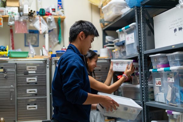 Juniors Jimmy Yu and Lyla Ruiz de Luzuriaga put away equipment during a Science Olympiad practice session. The Science Olympiad team competed on Nov. 15 with varsity placing fourth. 