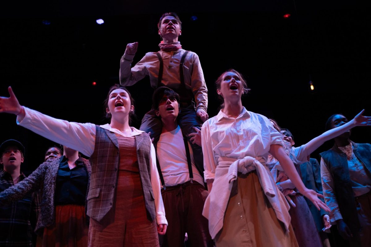 MAY — Uniform Chorus. Priya Yamada, Graeme MacKay-White, Jovin Alenghat and Sofia Ybarra along with the rest of the cast perform in one of the productions of the musical “Urinetown,” which ran May 15-18. 