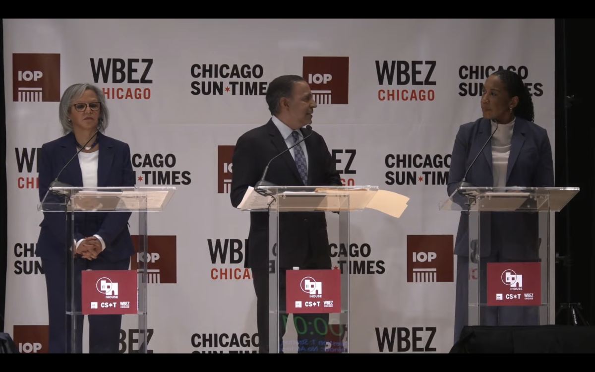 Congresswoman Robin Kelly , Congressman Raja Krishnamoorthi and Illinois Lieutenant Governor Juliana Stratton debate during the primary debate held at the University of Chicago International House. A recording of this debate is available on Youtube.