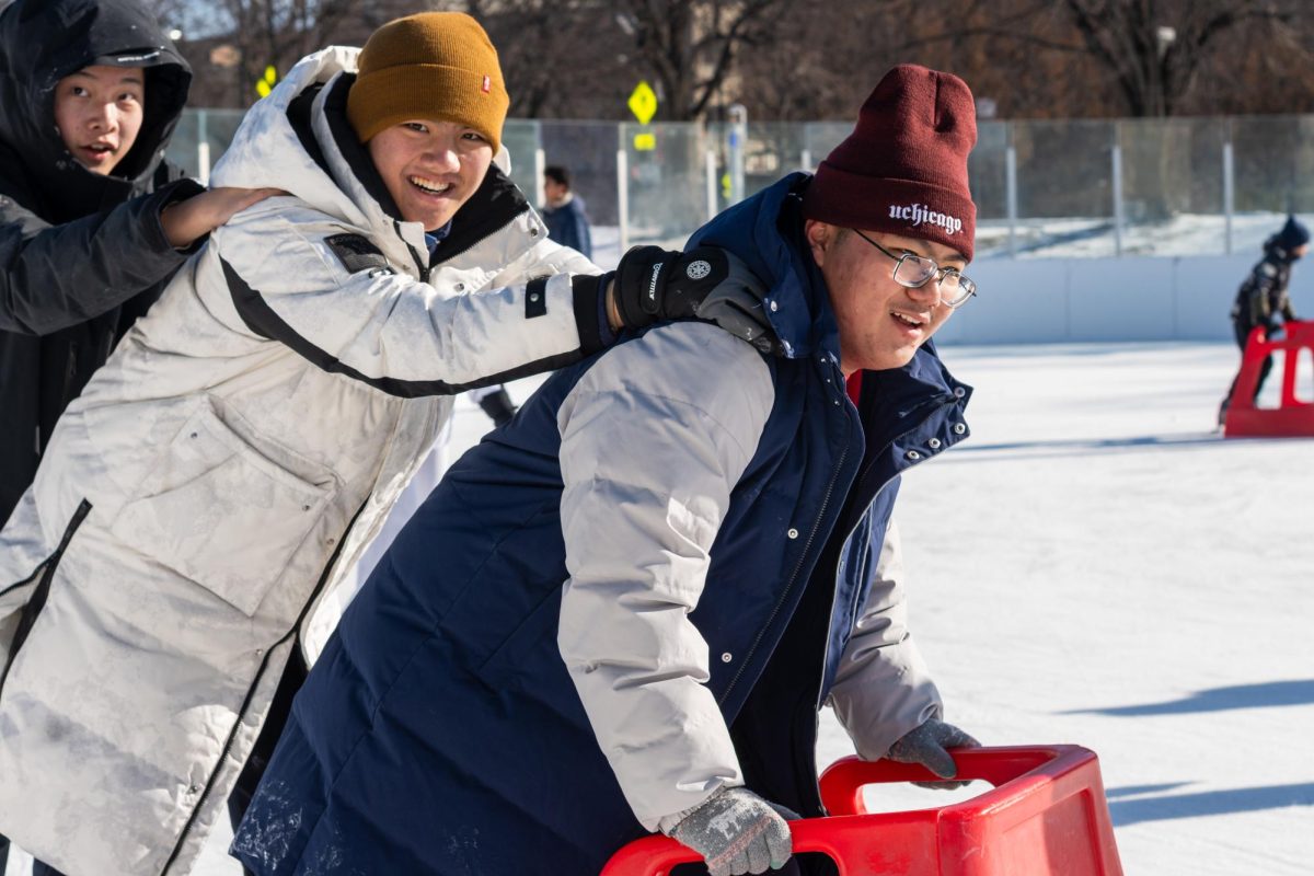 Exchange students Liu Jizheng, Song Peiran, and Zhang Zirun skate on the Midway. The Chinese exchange students returned on Feb. 12 to the high school affiliated with Renmin University.
