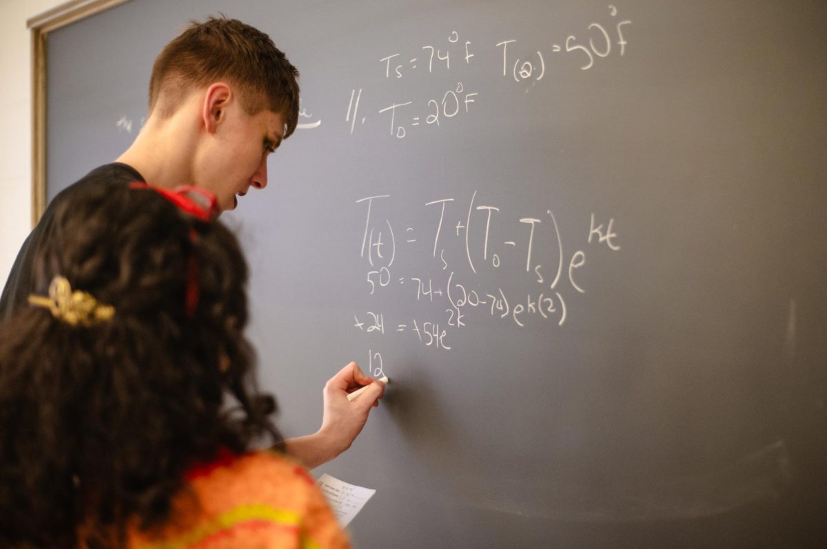 Junior Gio Nicolai, a member of the math team, solves math problems alongside fellow junior Eva Neves. The math team had three perfect scores during a competition on Feb. 5. 