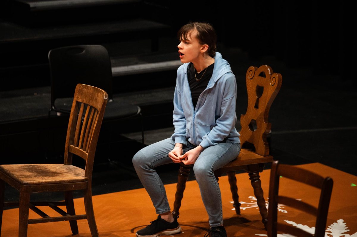 Freshman Aletheia Isaac rehearses a scene called "The Auction" by Valkyrie Laurence. On Feb. 27 and 28 at 7pm in the Sherry Lansing Theater, U-High students will perform original and adapted scenes as part of the annual Student Experimental Theater show. This year, the show's theme is "Seasons." 