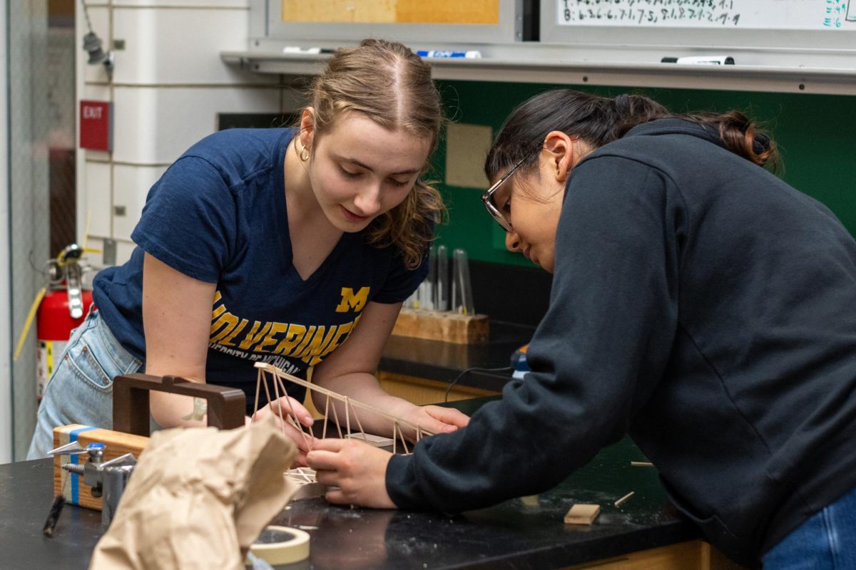 Sophomore Tal Neiman works together with senior Grishma Unadkat to boomilever during a Science Olympiad practice in March. 